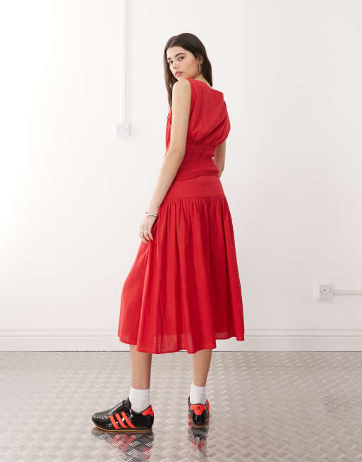 COLLUSION linen-look drop waist midi skirt in red (Part of a set), 2 of 5