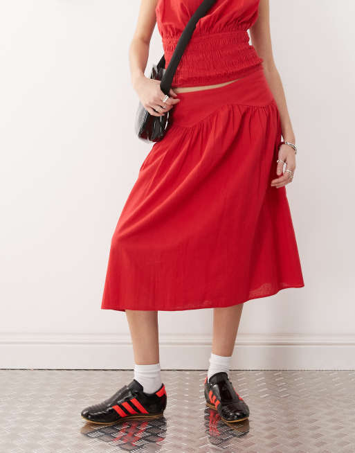 COLLUSION linen-look drop waist midi skirt in red (Part of a set), 3 of 5