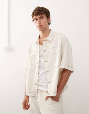 Collusion COLLUSION linen look oversized co ord shirt in ecru-Yellow