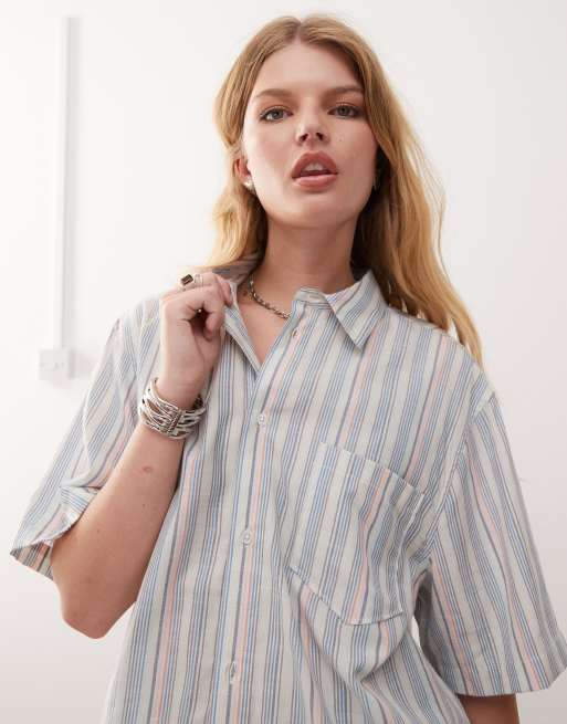 COLLUSION linen look oversized shirt in pink and blue stripe