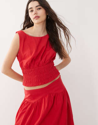asos COLLUSION linen look shirred waist top co-ord in red