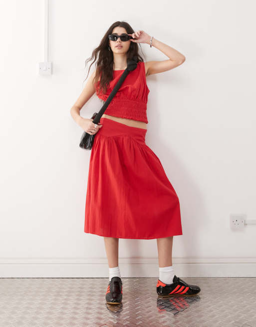 COLLUSION linen look shirred waist top in red - part of a set, 2 of 4