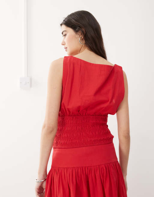 COLLUSION linen look shirred waist top in red - part of a set, 4 of 4