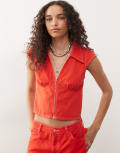 [Collusion] COLLUSION linen look shirt top in cherry red 12 RED