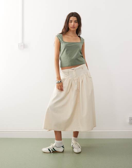 COLLUSION linen look skirt with contrast stitch in buttermilk yellow, 2 of 5