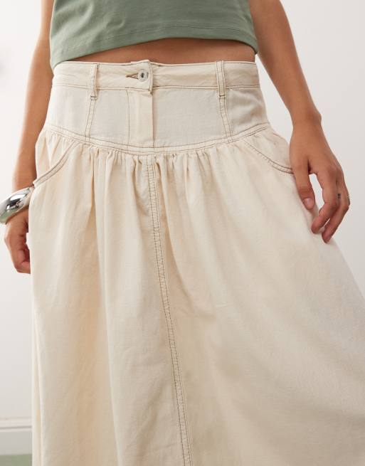 COLLUSION linen look skirt with contrast stitch in buttermilk yellow, 3 of 5