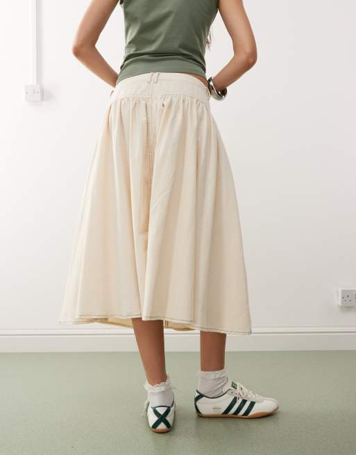 COLLUSION linen look skirt with contrast stitch in buttermilk yellow, 4 of 5