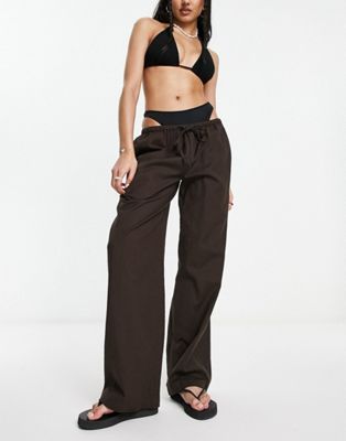 COLLUSION linen low rise beach trouser in brown