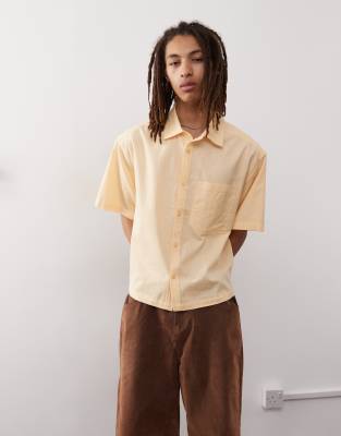 linen mix blend short sleeve shirt in peach-Neutral