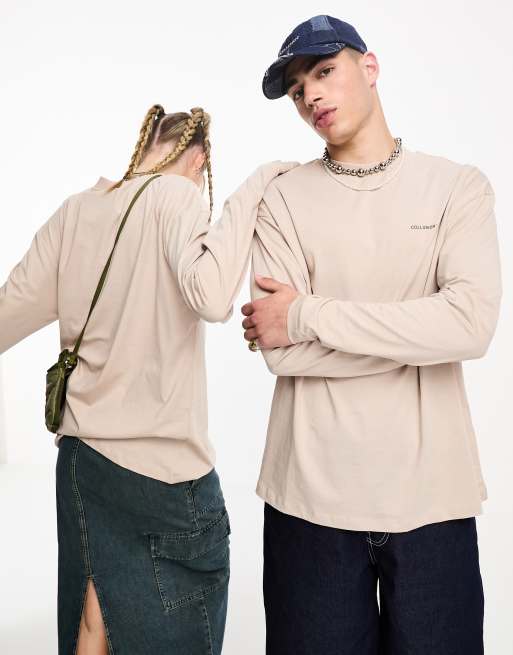 COLLUSION – Ljusbeige t-shirt i unisex-modell med lång ärm och logga