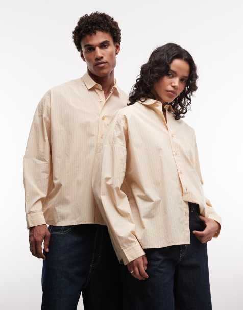 COLLUSION – Ljusgul, randig skjorta i oversize och unisex-modell med långa ärmar och boxig passform - view 1