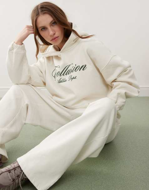 COLLUSION – Locker geschnittener Kapuzenpullover in Ecru verwaschener Stickerei - view 1