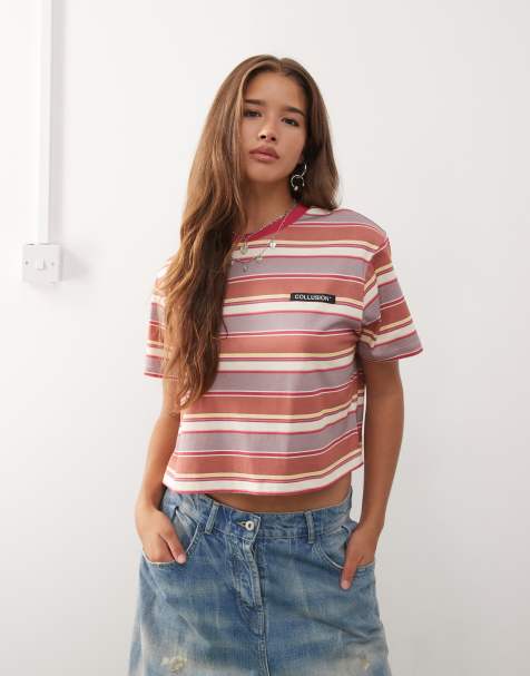 COLLUSION logo patch anti fit t-shirt in pink stripe - view 1