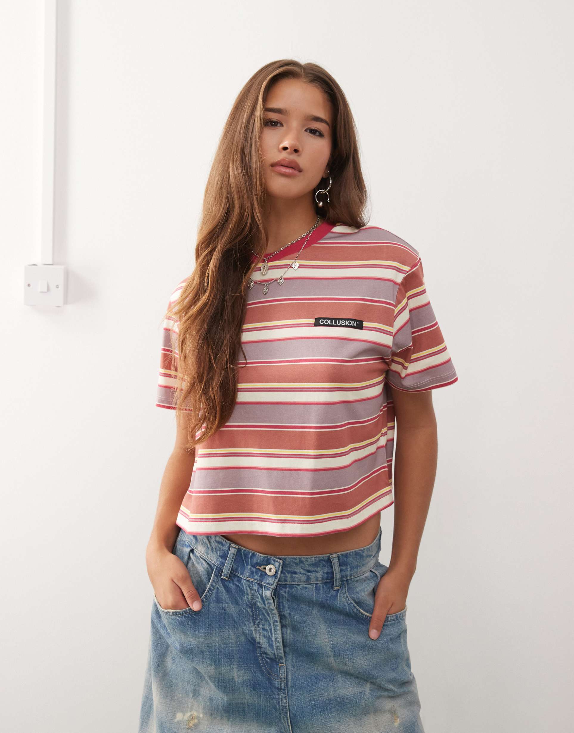 collusion logo patch anti fit t-shirt in pink stripe
