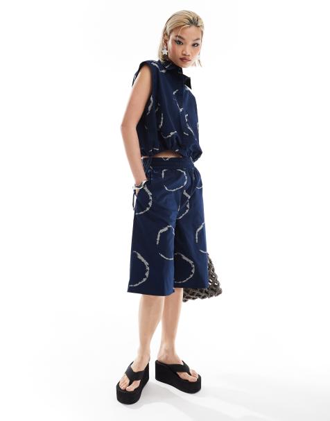 COLLUSION long line boxer short co ord in blue tie dye print - view 1