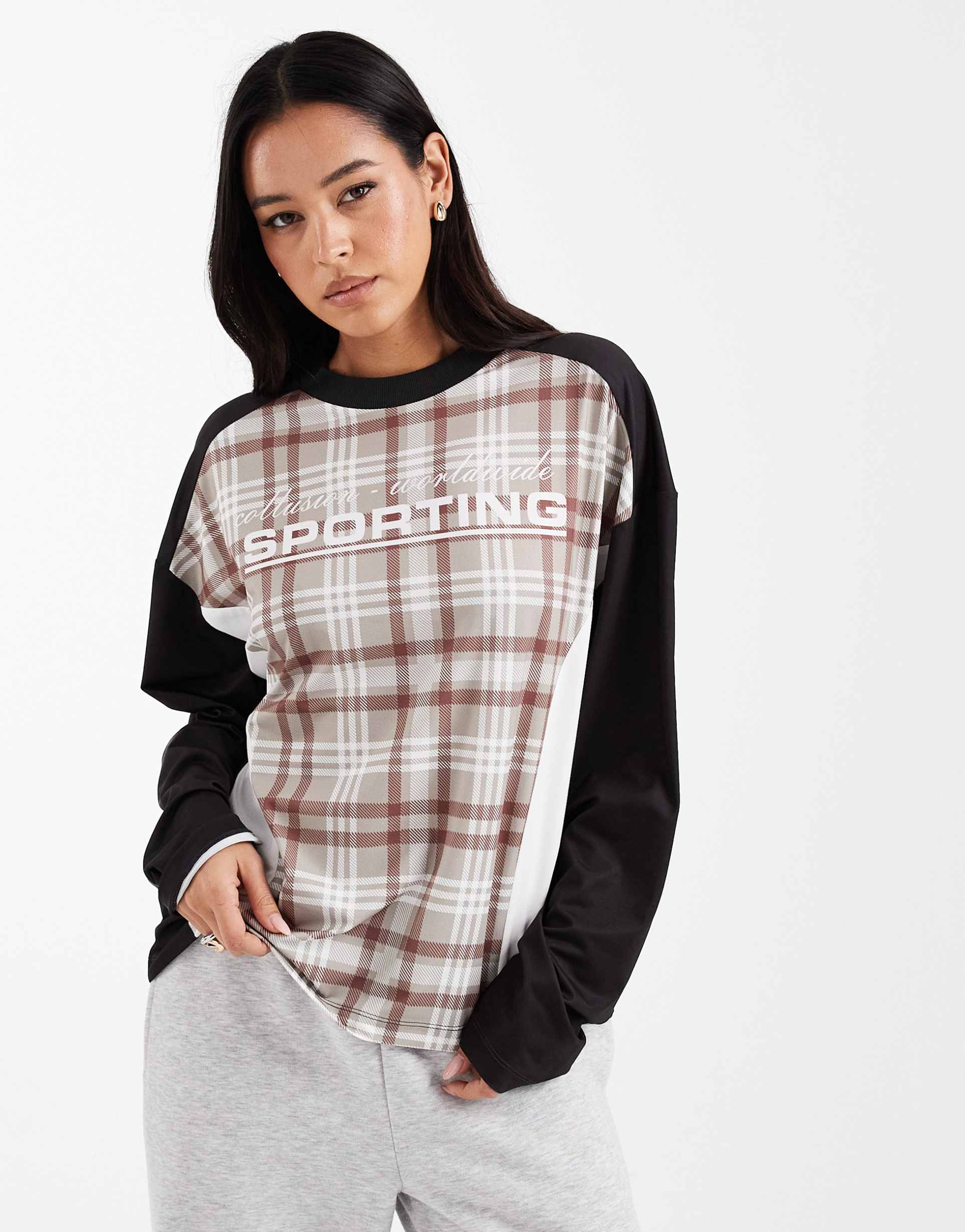 collusion long sleeve athletic top in plaid