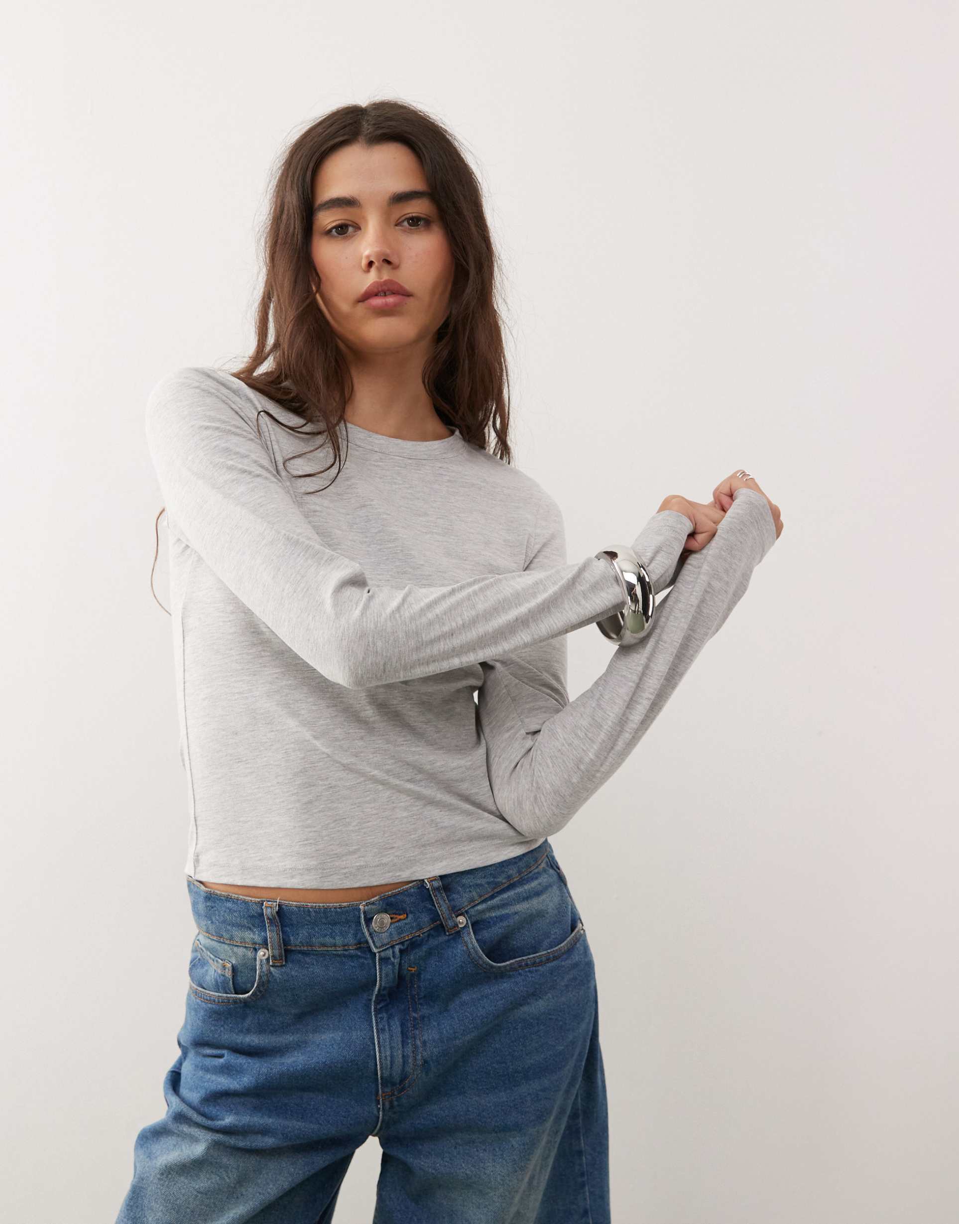 collusion long sleeve baby tee in heather gray