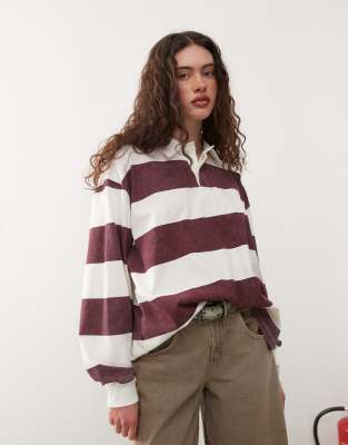 Collusion Long Sleeve Bold Striped Rugby Top In Neutral