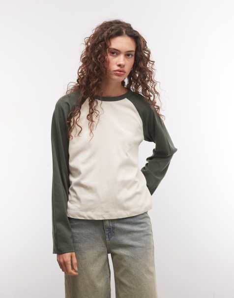 COLLUSION long sleeve boxy raglan t-shirt in cream and dark green - view 1