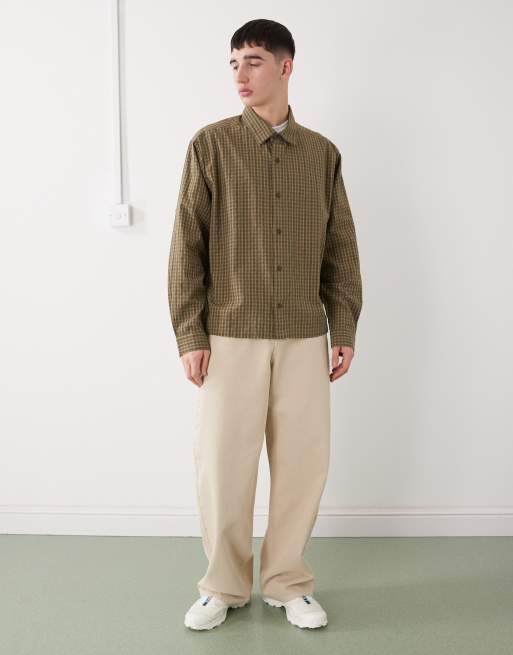COLLUSION long sleeve boxy shirt in khaki-green plaid, 2 of 5