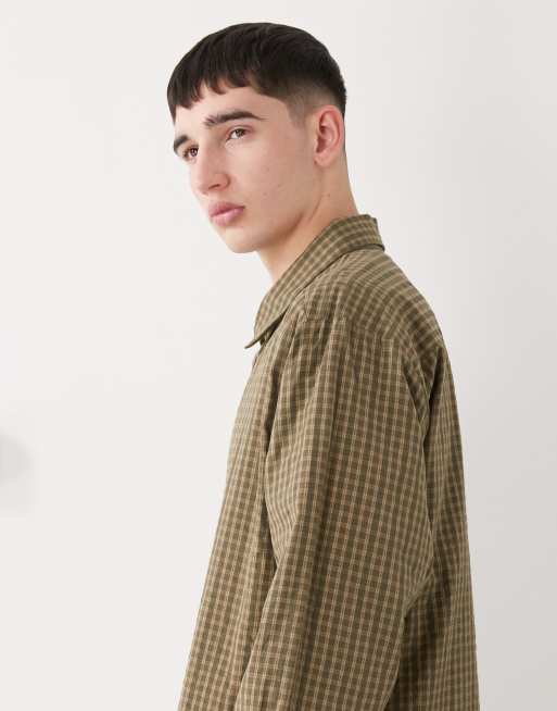 COLLUSION long sleeve boxy shirt in khaki-green plaid, 4 of 5