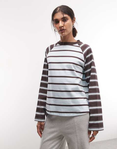 COLLUSION long sleeve boxy stripe raglan tee in blue and brown - view 1