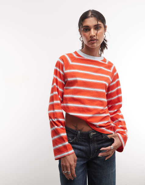 COLLUSION long sleeve boxy stripe raglan tee in red - view 1