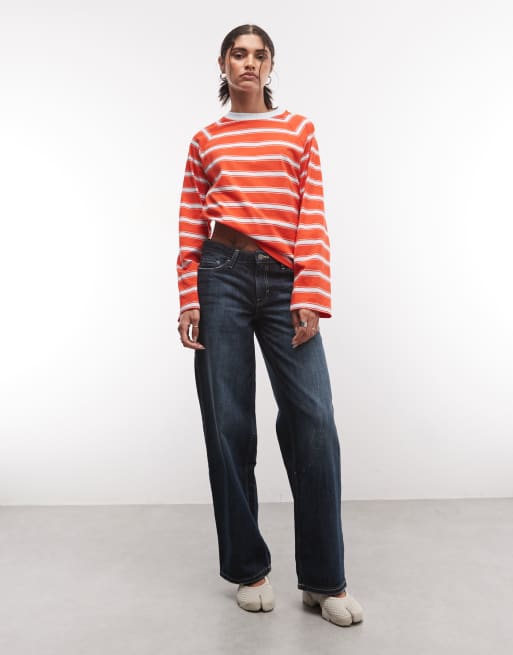 COLLUSION long sleeve boxy stripe raglan tee in red, 2 of 4