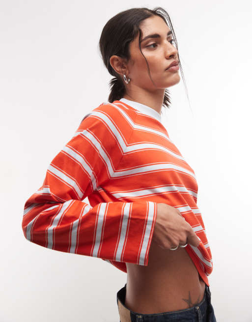 COLLUSION long sleeve boxy stripe raglan tee in red, 4 of 4