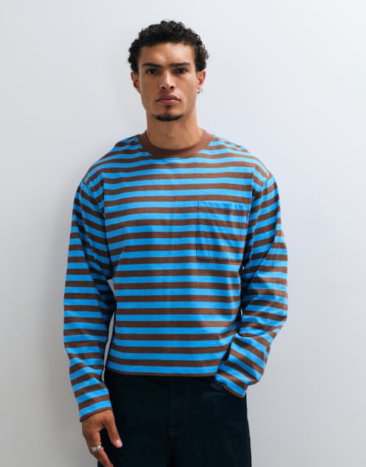 COLLUSION long sleeve boxy tee in blue stripes, 2 of 5