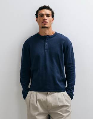 Collusion Long Sleeve Button Down Henley In Navy