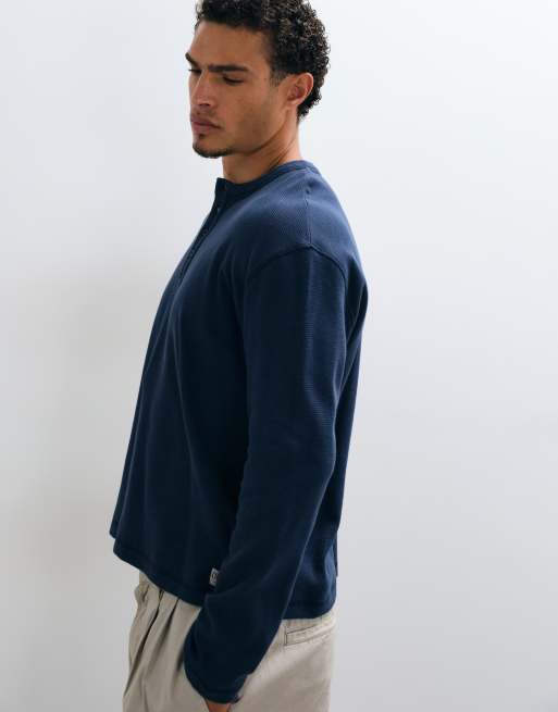 COLLUSION long sleeve button down henley t-shirt in navy, 5 of 5