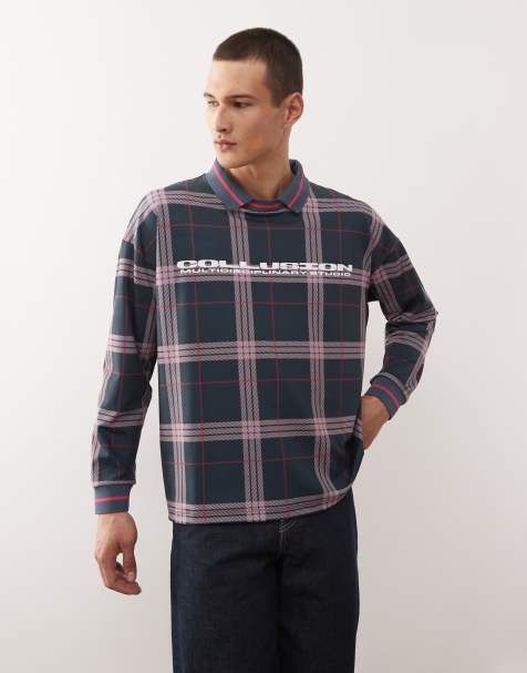 COLLUSION long sleeve check football top in navy