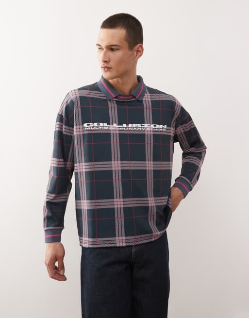 COLLUSION long sleeve check football top in navy