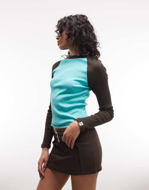 COLLUSION long sleeve contrast ribbed raglan in teal and brown