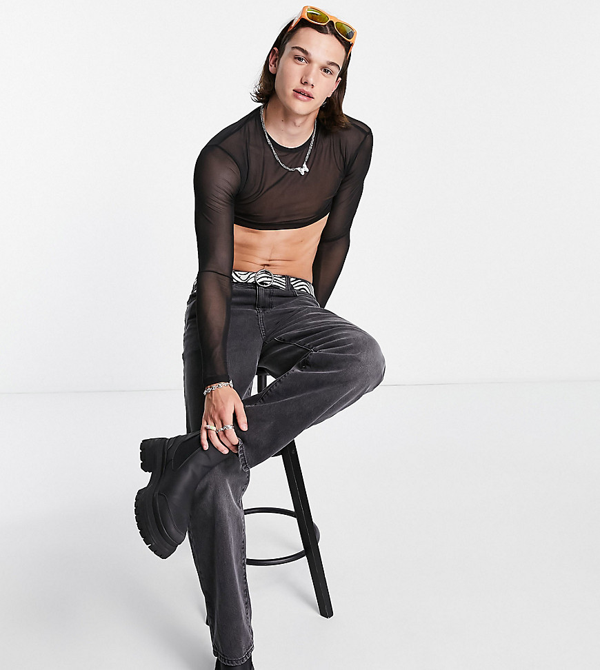 COLLUSION long sleeve cropped mesh t-shirt in black