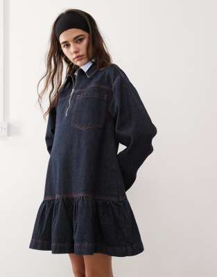 long sleeve denim smock dress in rinse wash-Blue