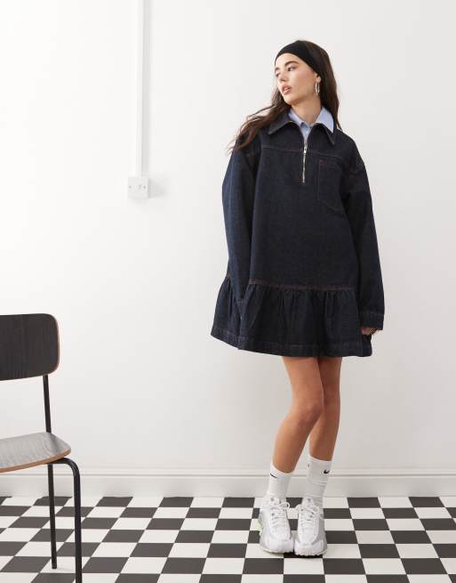 black denim smock dress Asos Petite Petite Denim Smock Dress With Raw Hem In Washed Black, $53 |  Asos