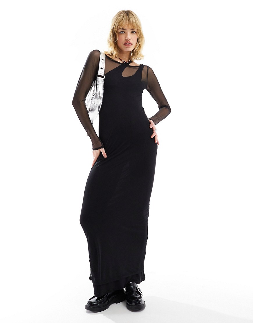 COLLUSION long sleeve double layer mesh maxi dress in black