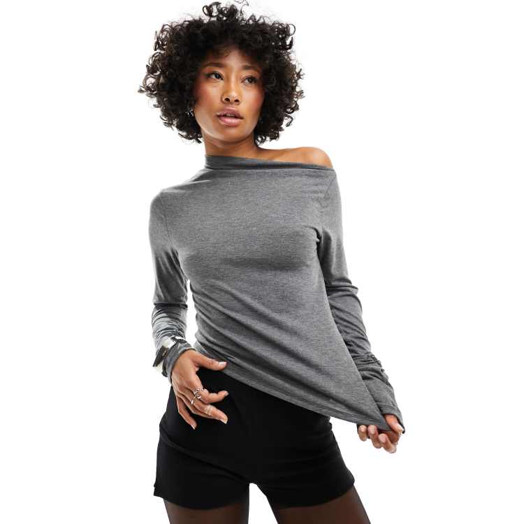 COLLUSION long sleeve draped off the shoulder top in grey | ASOS