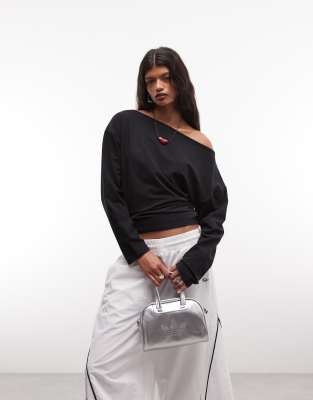 Collusion Long Sleeve Drapey Off-the-shoulder Top In Black