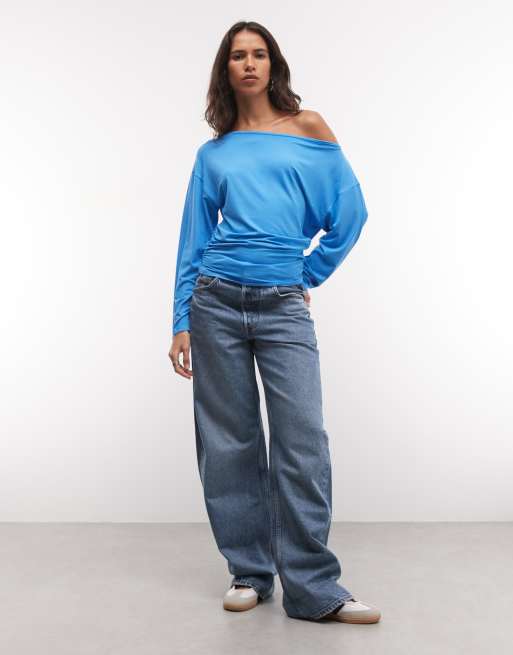 COLLUSION long sleeve drapey off-the-shoulder top in blue, 2 of 4