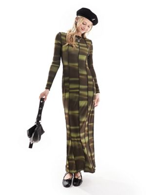 Collusion Long Sleeve Exposed Seam Printed Maxi Dress In Green