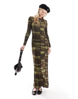 COLLUSION long sleeve exposed seam printed maxi dress in green