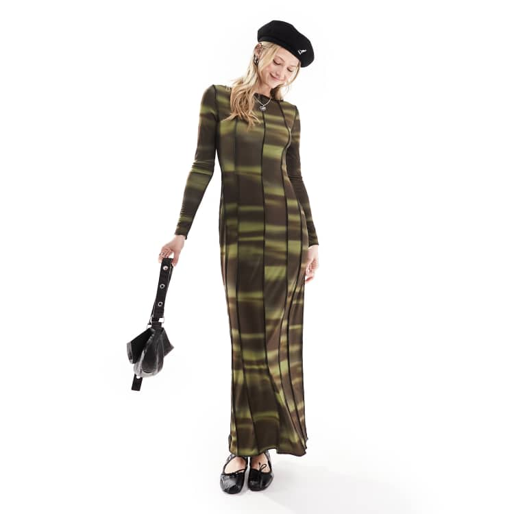 COLLUSION long sleeve exposed seam printed maxi dress in green