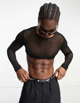 Open Chest Long Sleeve Fishnet Crop Top - Aesthetic Shop