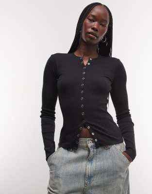 Collusion Long Sleeve Fitted Button Down Top In Black