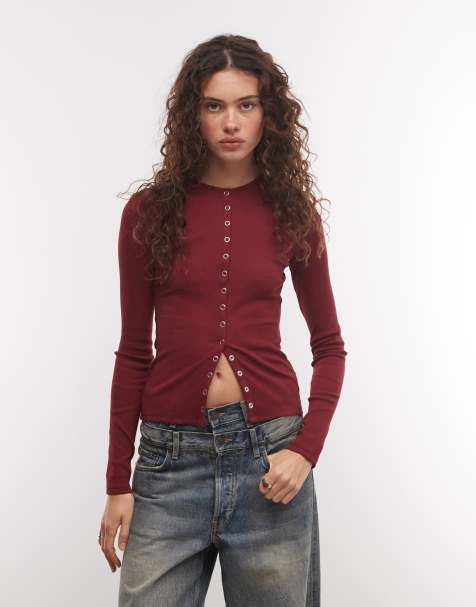 COLLUSION long sleeve fitted button down top in burgandy - view 1