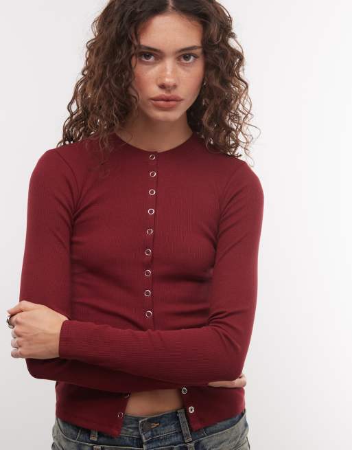 COLLUSION long sleeve fitted button down top in burgandy, 3 of 4