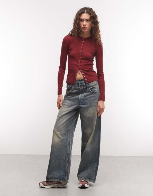 COLLUSION long sleeve fitted button down top in red, 2 of 4
